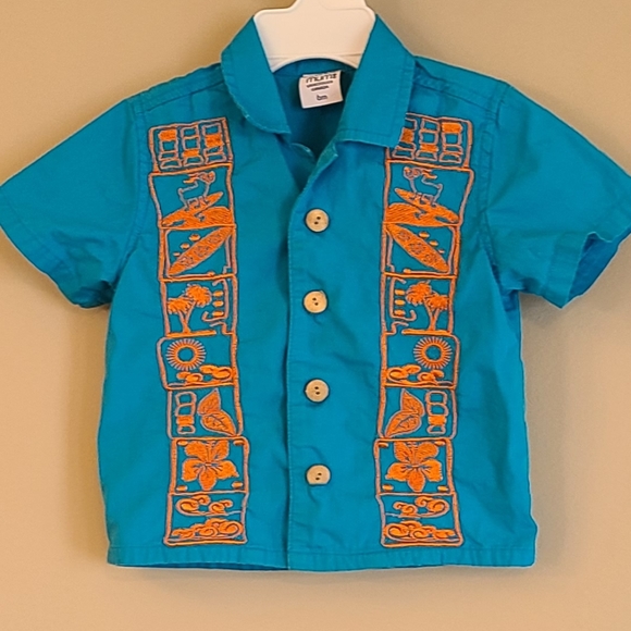 Blue/orange cotton short sleeved button down shirt - Picture 1 of 3